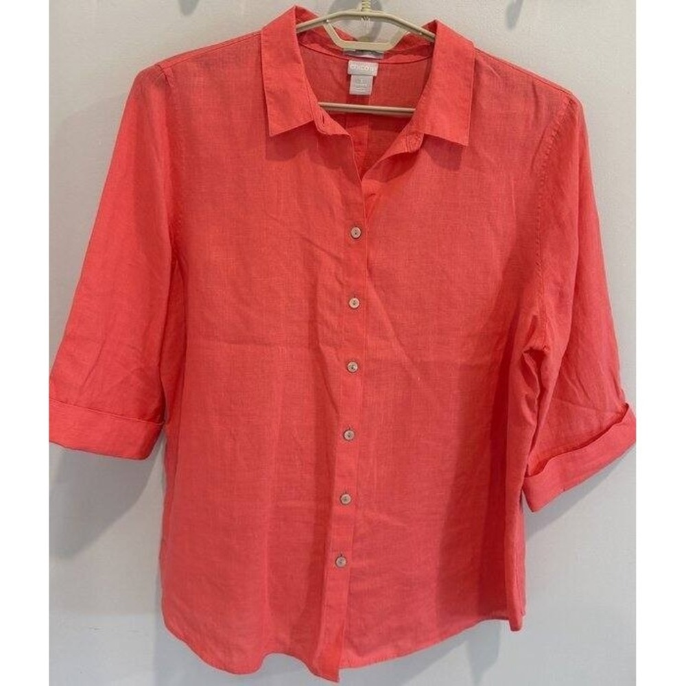 Chicos No Iron Bright Pink Button Up 100% Linen 3/4 Sleeve Shirt Size 3 16‎